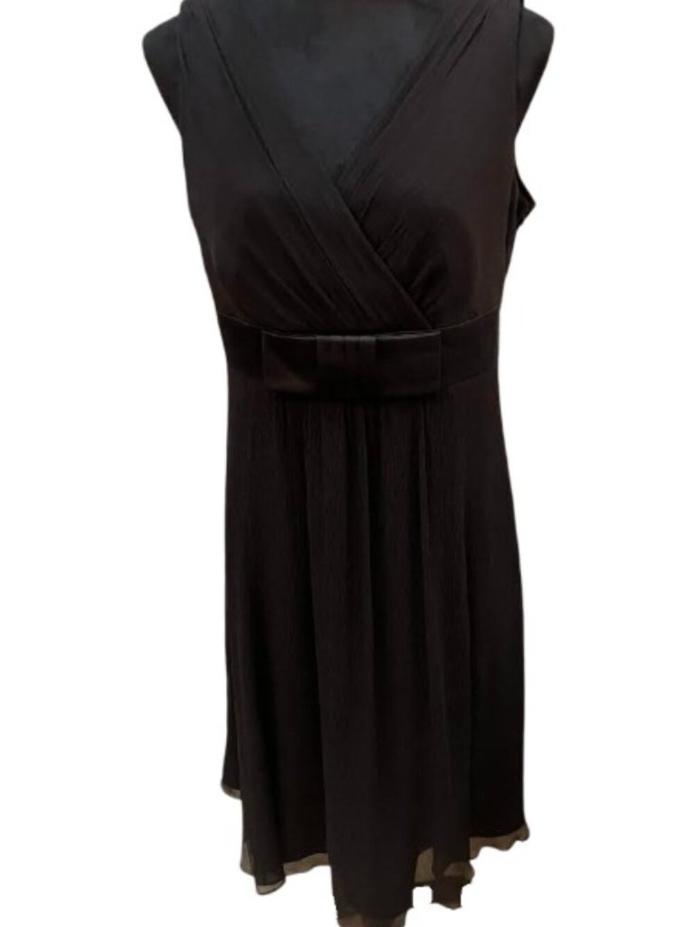 Ann Taylor Black Silk V-Neck Fit and Flare Dress With Decorative Belt & Bow EUC